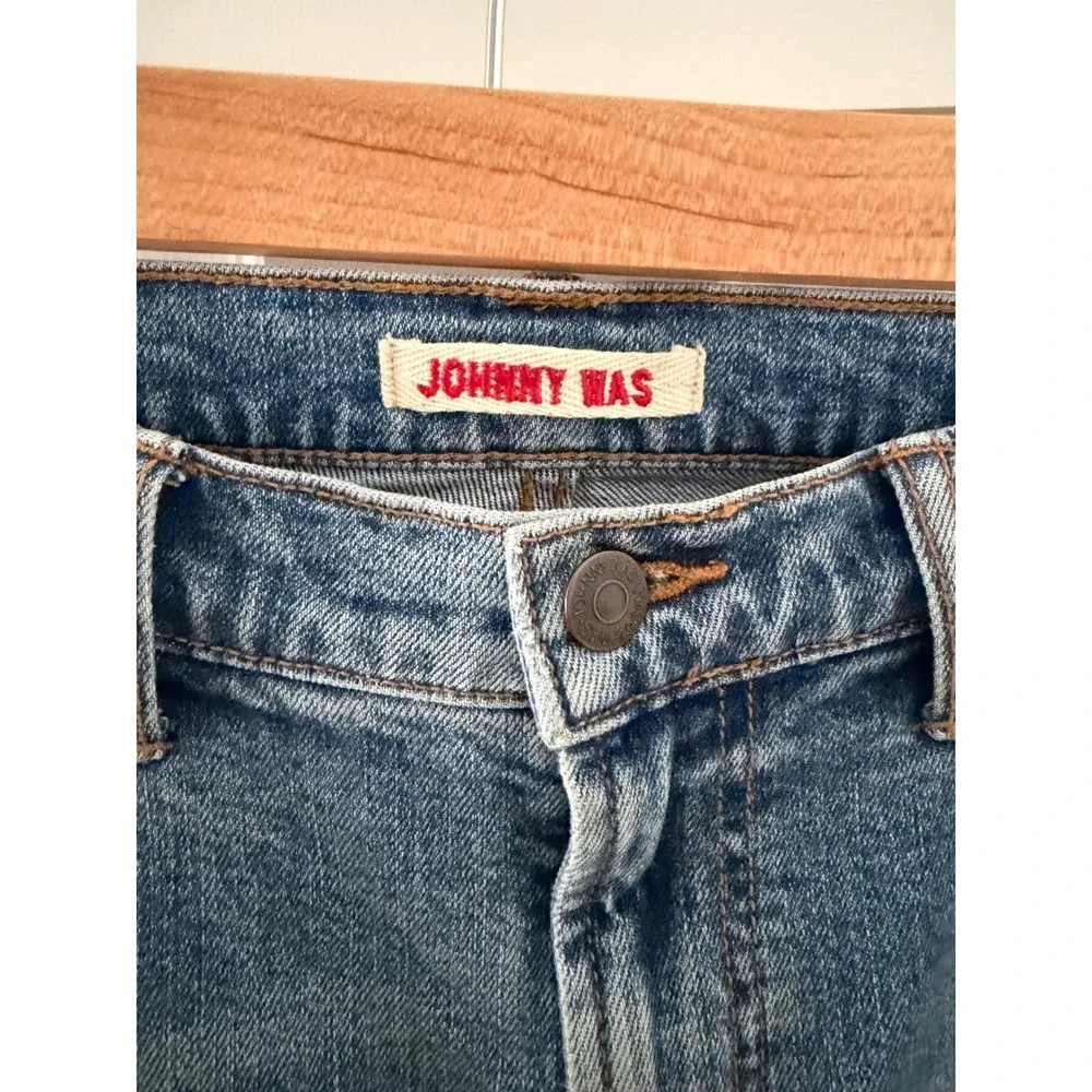 Johnny Was Cropped Baby Boot Embroidered Jeans Blue 27 Stretch Boho Denim